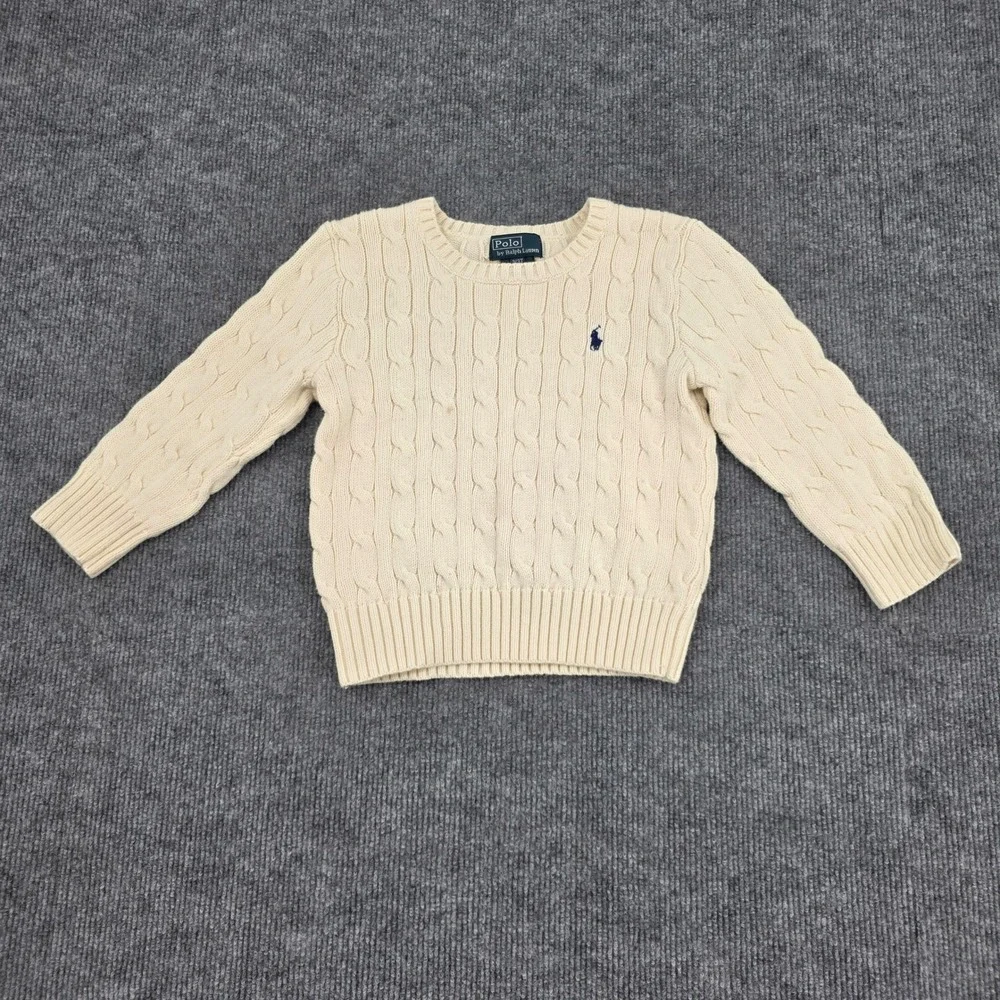 Polo Ralph Lauren Kids Cream Cable Knit Cotton Sweater Navy Pony 3/3T Pullover